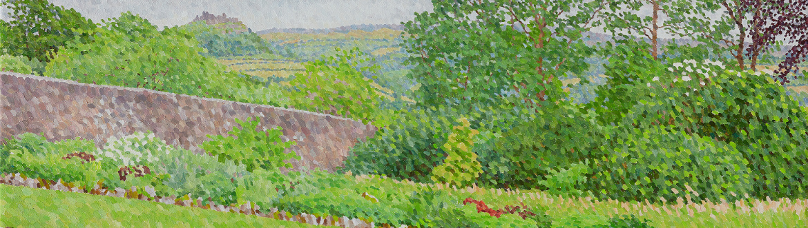 Contemporary pointillism painting, Landscape with Castle