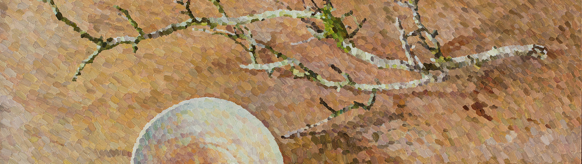 Pointillism Still Life. Pear, Branch and Lucie Rie Bowl, 2016